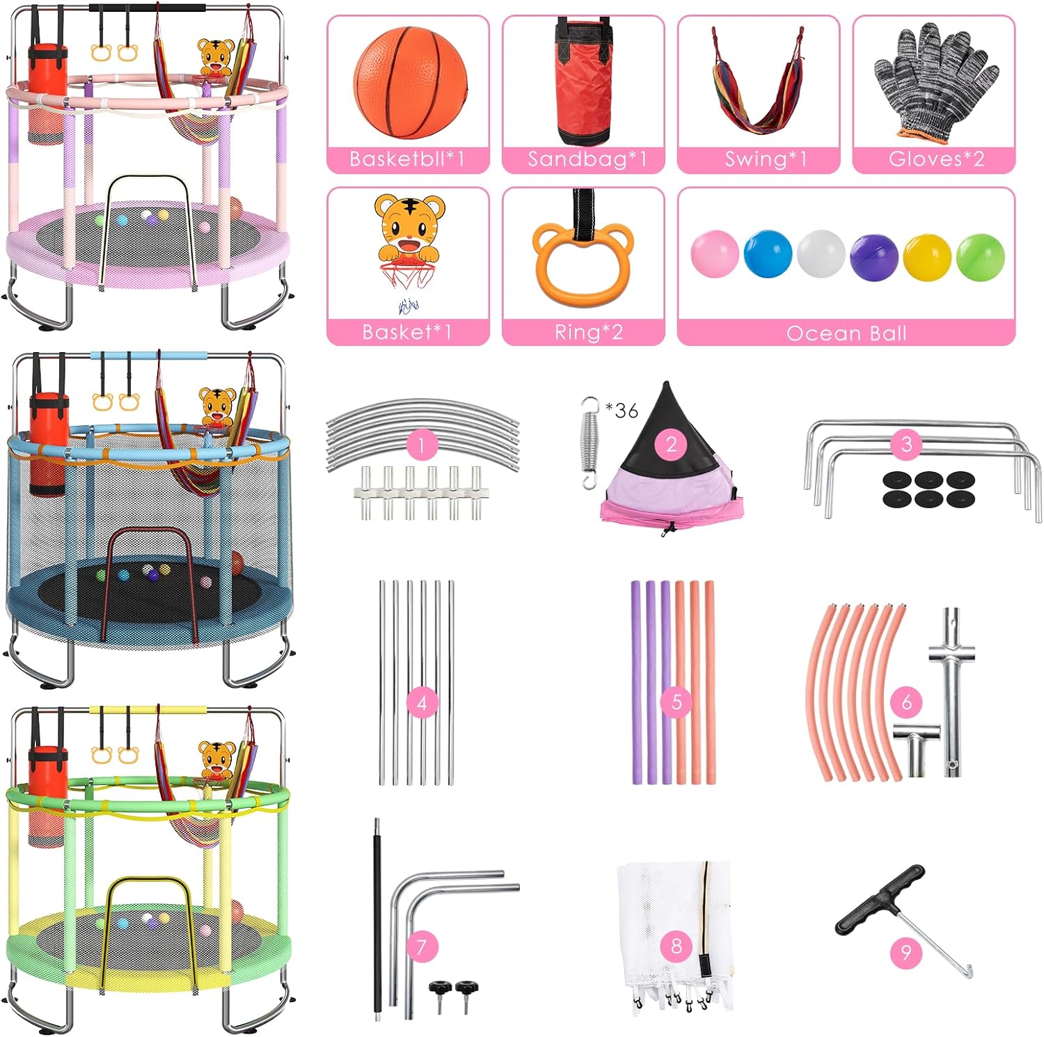 Trampoline for Kids, Upgrade Full Anti-Rust 440lbsToddler Trampoline with Net,Upgraded Ring Legs with Adjustable Gymnastics Bar&Toys, Gifts for Ages 1-8 Boys&Girls