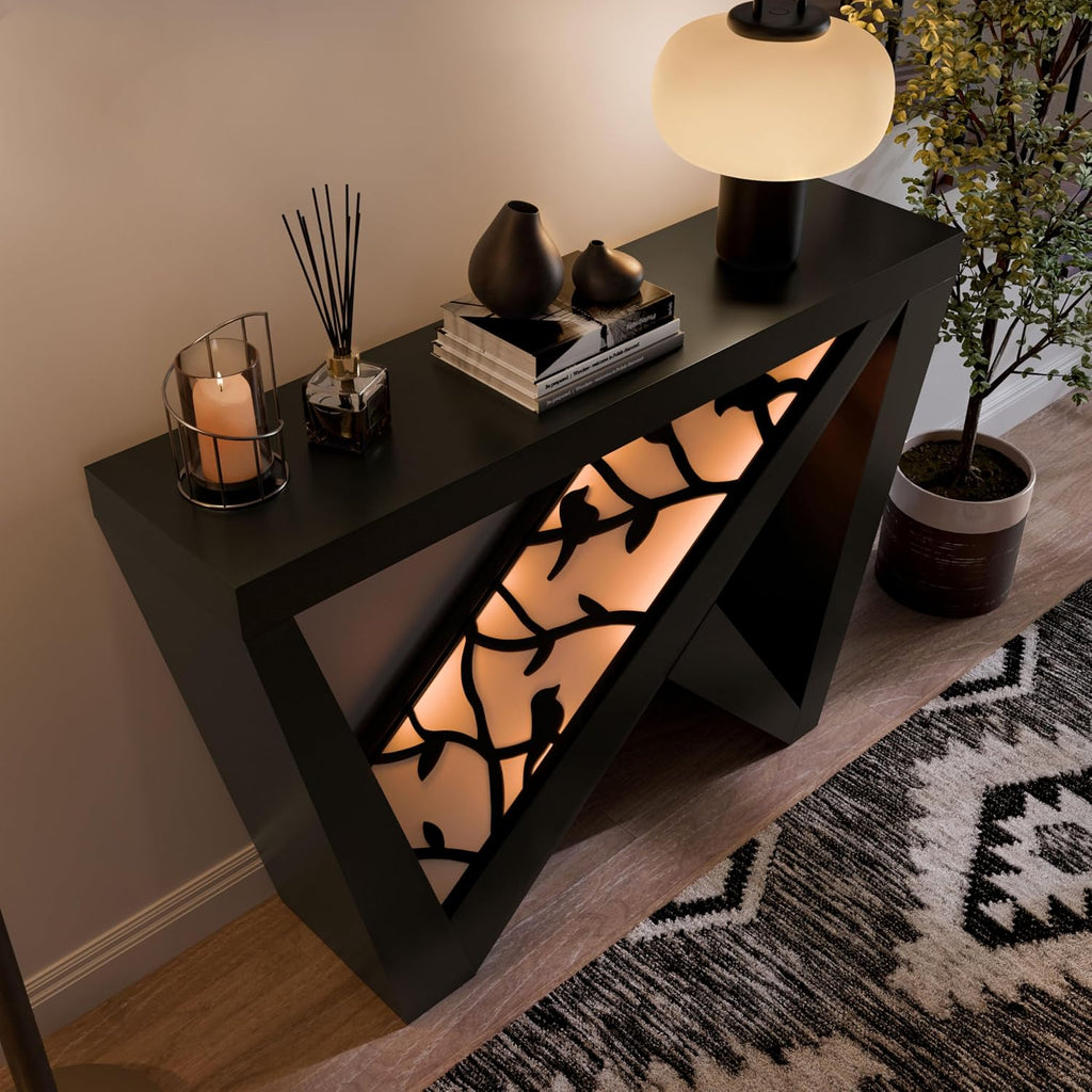 Homes: Inside + Out Naomi Modern Decorative Accent LED Console Table with W-Shaped Legs and Remote, Wood Entryway Furniture for Living Room, Hallway, Entrance, Small Spaces, Black
