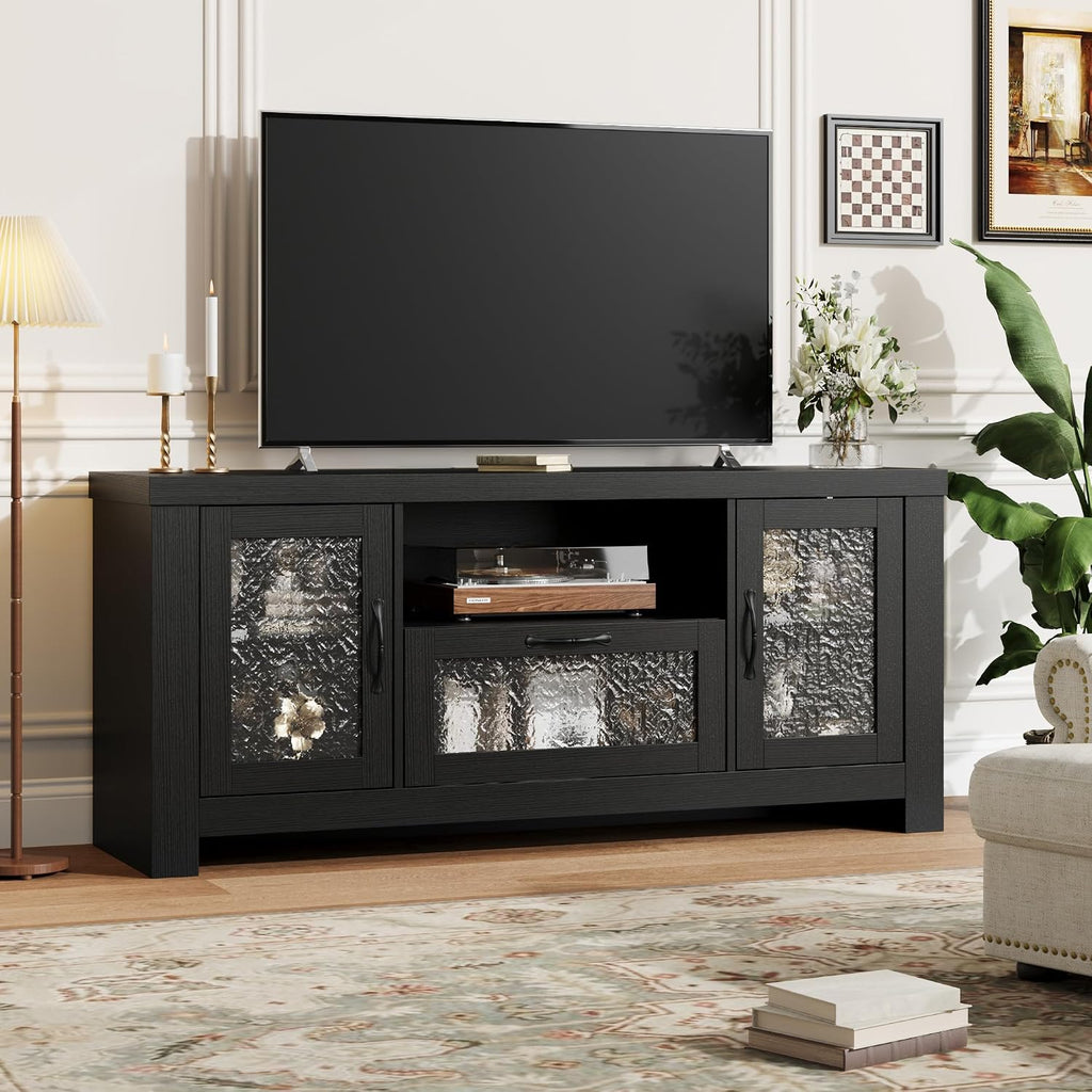 Farmhouse TV Stand for TVs up to 60 Inch, Wood Entertainment Center with Acrylic Door Storage Cabinets, Adjustable Shelves, Sturdy TV Console Table for Living Room Bedroom, Black