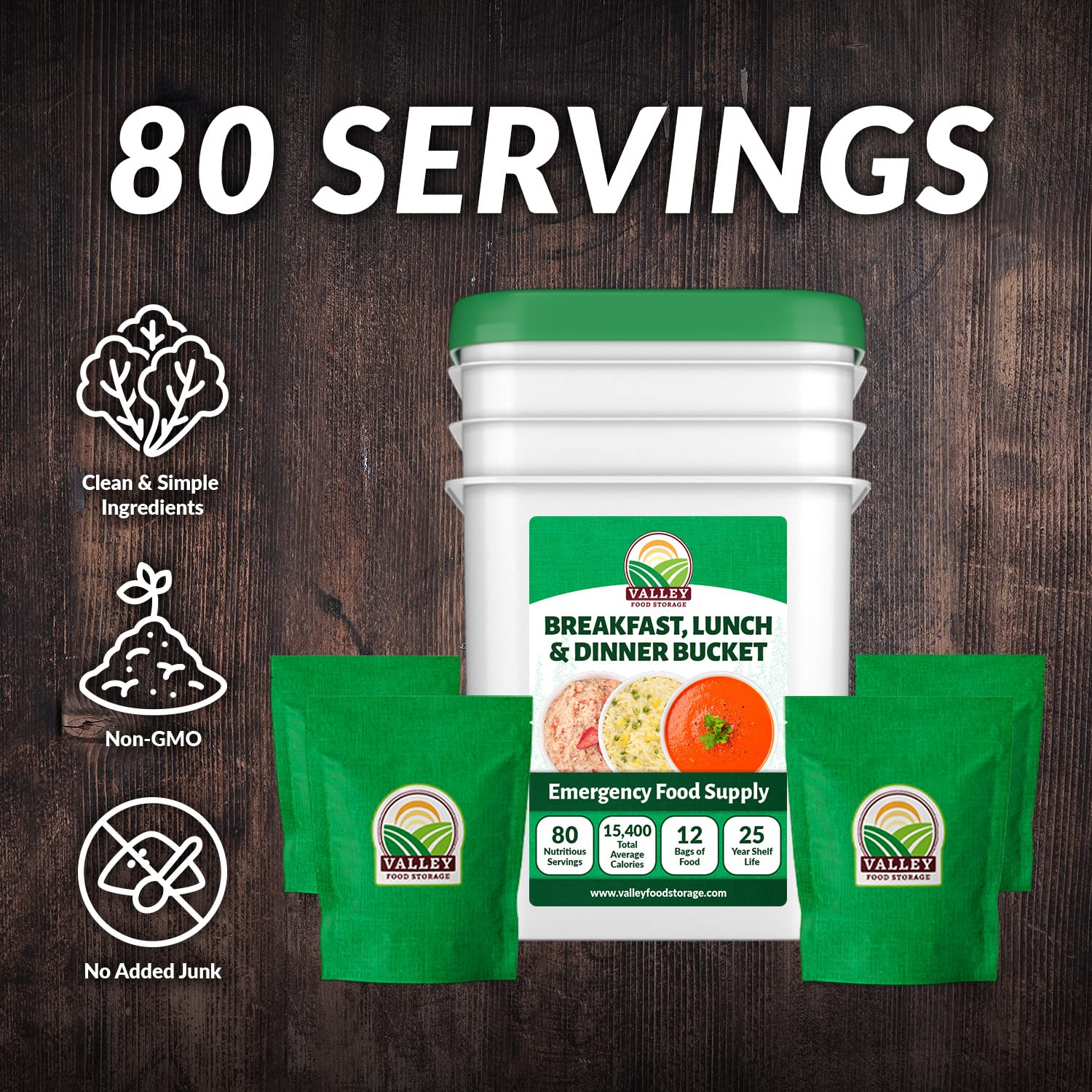 Valley Food Storage 80 Serving Emergency Food Supply Bucket | Breakfast, Lunch & Dinner Survival Meals | 25 Year Shelf Life Prepper Food for Disaster Preparedness, Camping & Off-Grid Living