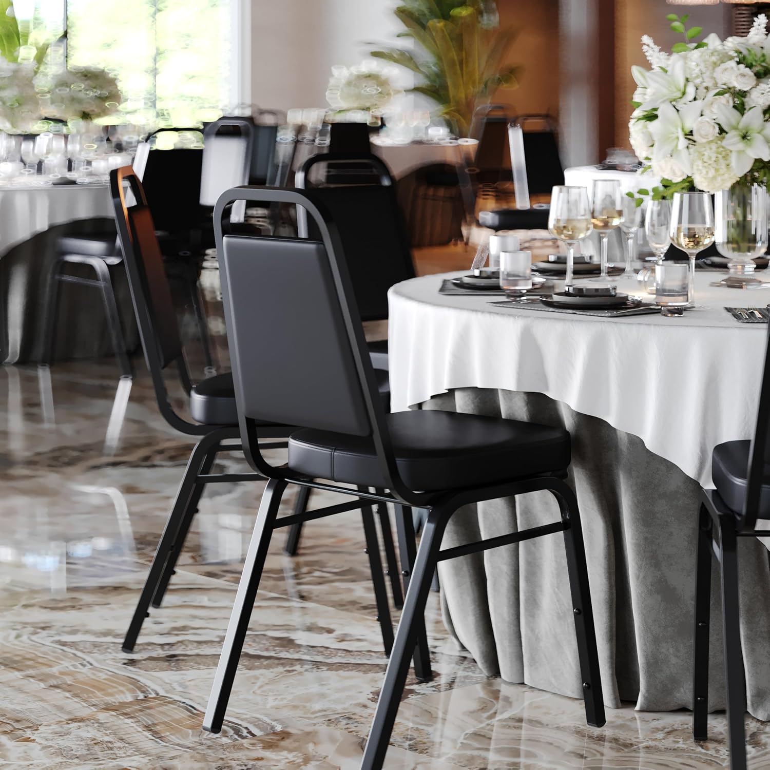 Flash Furniture Hercules Set of 4 Trapezoidal Vinyl Stacking Chairs, Commercial Stackable Chairs with Padded Seats and Backs, Black