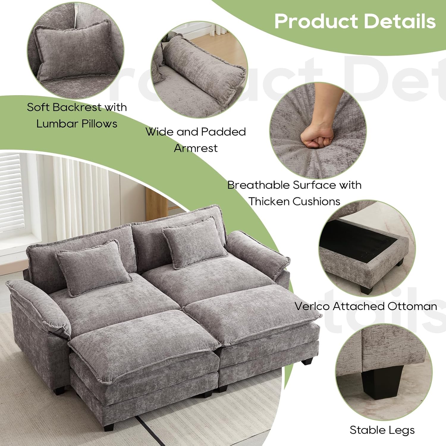 Oprisen 86' Modular Sectional Sofa, Comfy Cloud Couch Sectional Sofa with Ottomans, Chenille Sofa Sleeper Deep Seat Sofa with Throw Pillows for Living Room (Lgiht Grey)