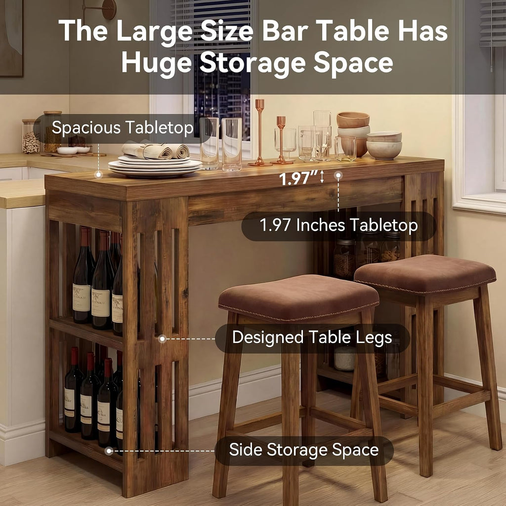 LITTLE TREE Bar Table, 63 Inch Wooden Bistro Table, Large Home Bar Unit with Wine Rack, Pub Table with Storage Shelves for Dining Room, Living Room, Kitchen Room, Brown