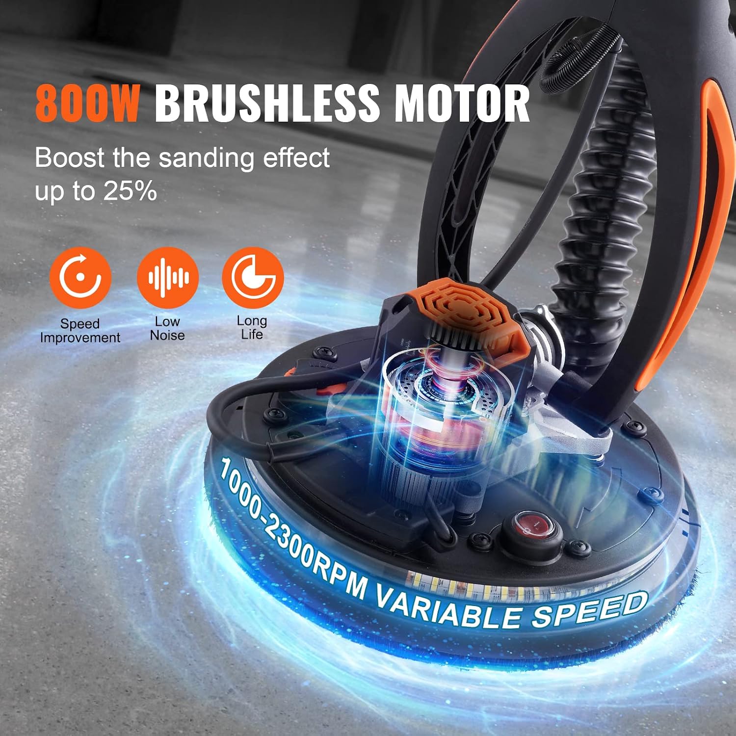 VEVOR Drywall Sander, 800W Brushless Motor Electric Sander, Variable Speed 1000-2300 RPM, Foldable Ceiling Sander with Double-Deck LED Lights, Extendable Handle, 12 Sanding Discs