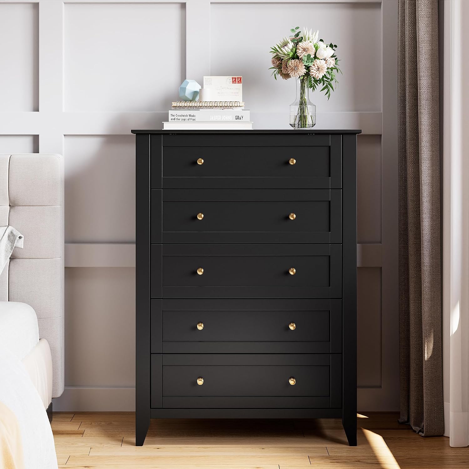 IDEALHOUSE Black 5 Drawer Dresser for Bedroom, Tall Dresser with Deep Drawers & Metal Knobs, Modern Wooden Chests of Drawers for Entryway, Hallway