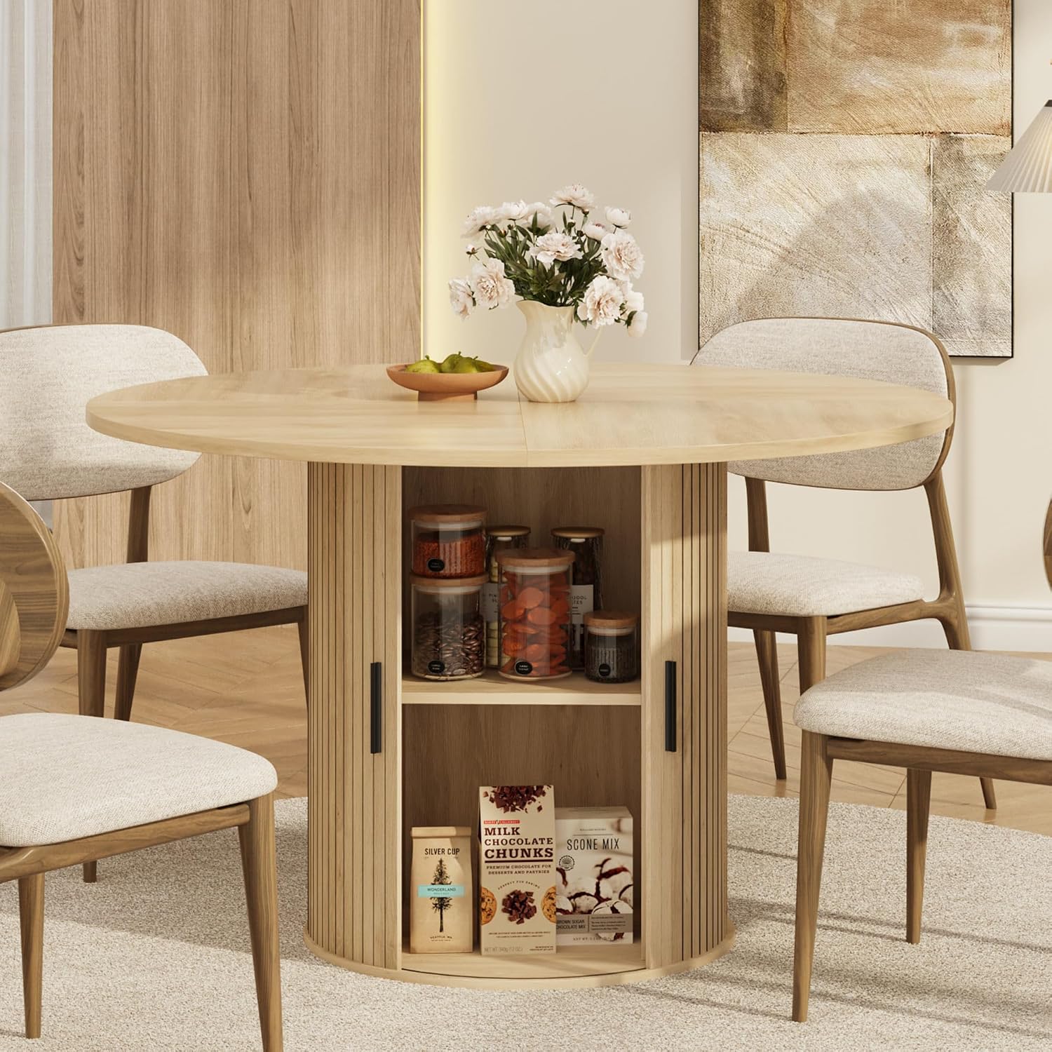Garvee 47 Inch Round Dining Table for 4, Kitchen Table Dinner Table with 2-Layer Storage Shelf and Wood Slide Door for Home Dining Room Living Room