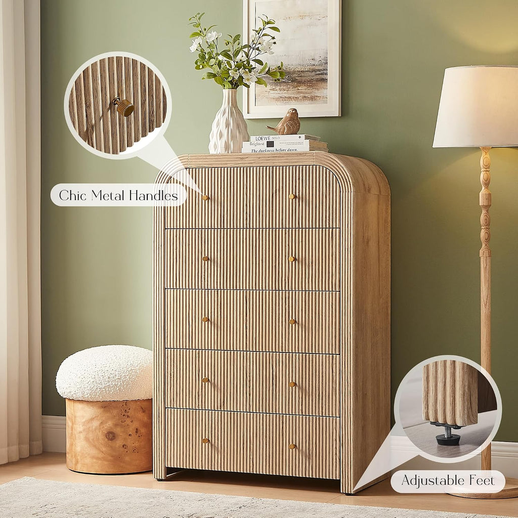T4TREAM Fluted 5 Drawers Dresser, 48' Tall Modern Chest of Drawers with Thickened Curved Profile Design, Wood Closet Clothes Storage Organizer for Bedroom, Living Room, Hallway, Natural Oak