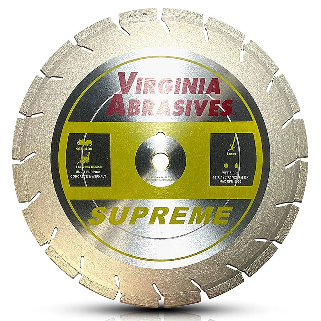 Virginia Abrasives 425-03074 - 1pc 14' Supreme Pro High Speed Diamond Blade - Concrete/Asphalt Cutter - Wet/Dry, Tough Grit, Asphalt Cutting - Evolutionary Design, 14' x .125'x1'/20mm-10mm Segments