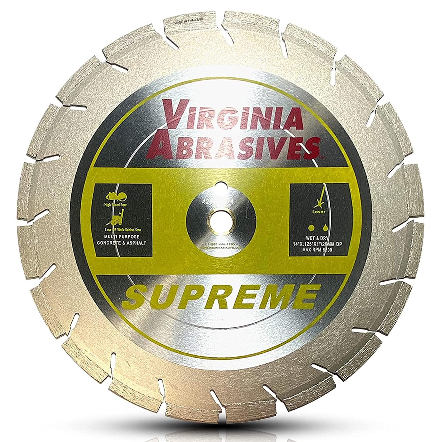 Virginia Abrasives 425-03074 - 1pc 14' Supreme Pro High Speed Diamond Blade - Concrete/Asphalt Cutter - Wet/Dry, Tough Grit, Asphalt Cutting - Evolutionary Design, 14' x .125'x1'/20mm-10mm Segments