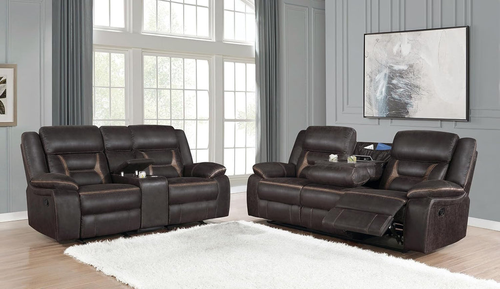 Coaster Home Furnishings - Greer - Leatherette Upholstered Reclining Sofa Set with Built-in Cupholders, Lift Top Storage Console, and Drop-Down Table - Living Room - Brown - 651354-S2