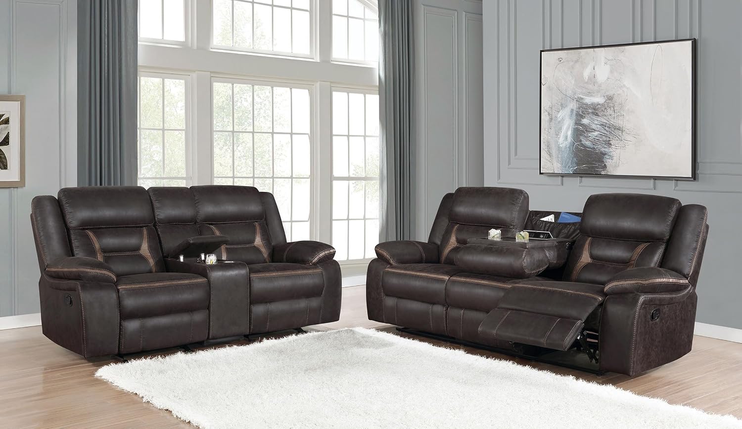 Coaster Home Furnishings - Greer - Leatherette Upholstered Reclining Sofa Set with Built-in Cupholders, Lift Top Storage Console, and Drop-Down Table - Living Room - Brown - 651354-S2
