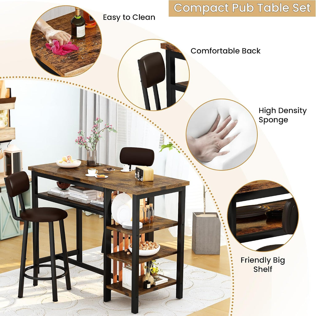 Recaceik 3 Piece Bar Dining Table Set, Modern Bar Table and Stools for 2, Kitchen Counter Height Dining Table Set with 4 Storage, Breakfast Nook Set Pub Table with Backrest