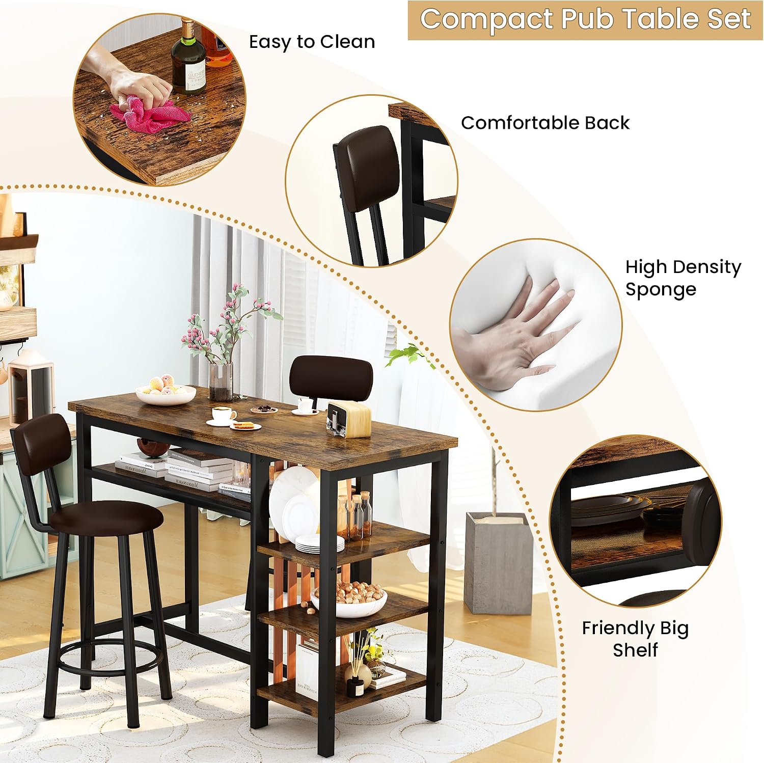 Recaceik 3 Piece Bar Dining Table Set, Modern Bar Table and Stools for 2, Kitchen Counter Height Dining Table Set with 4 Storage, Breakfast Nook Set Pub Table with Backrest
