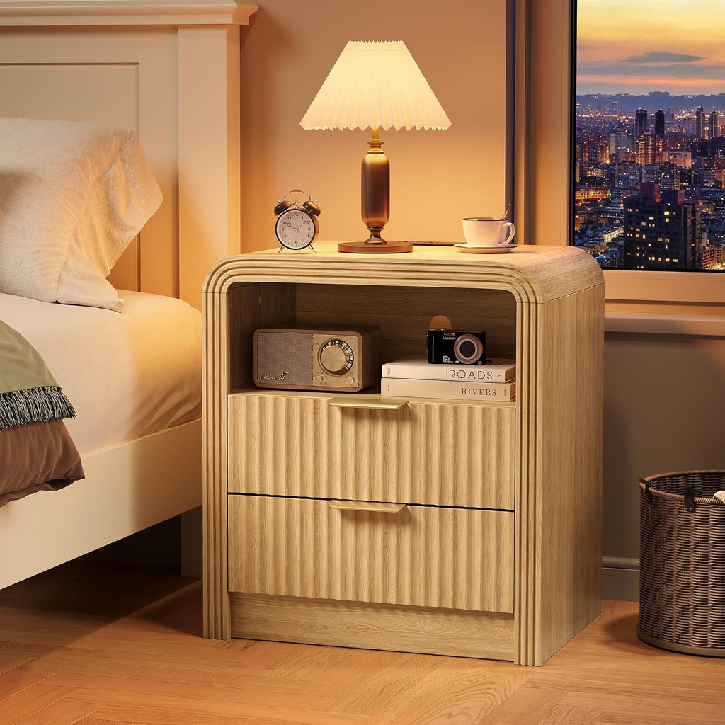 Decofy Fluted Nightstand Set of 2 with Charging Station, 19.7'' Wide Morden End Table with USB/Type-C Ports, 2 Drawers & Open Shelf, Curved Profile Design, Wood Bedside Table for Bedroom (Oak)