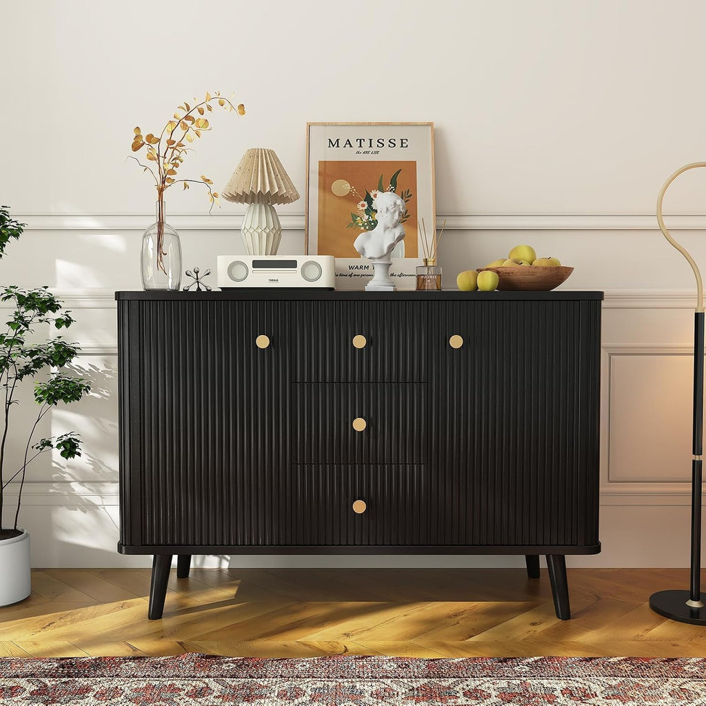 47.2' w Fluted Buffet Cabinet with 3 Drawers & 2 Adjustable Shelves, Storage Cabinet with 2 Door, Modern Mid Century TV Stand Coffee Bar Cabinets for Living Room, Kitchen, Entryway