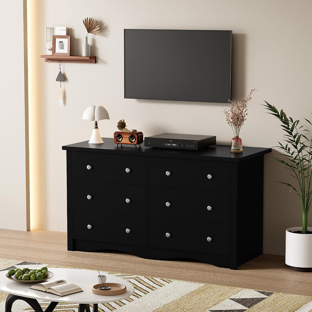 YESHOMY Black Dresser, 6 Drawers Dresser for Bedroom, Modern Chest of Drawers, Wooden Dressers, TV Stand for Living Room,Closet, Hallway