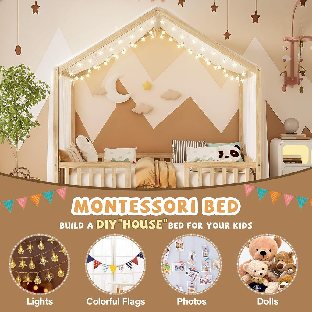 Bellemave Full House BedFrame with Canopy, Montessori Floor Bed, House Bed with Rails for Kids, Natural