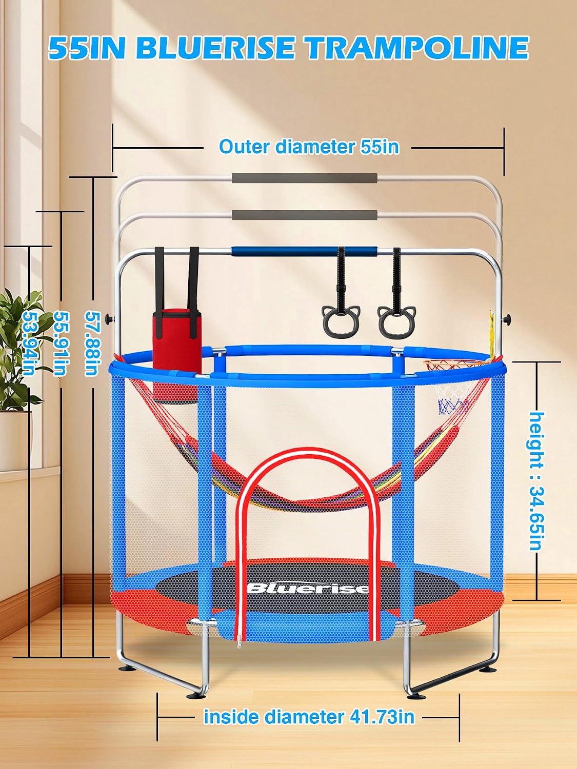 BLUERISE 55IN 6FT Toddler Trampoline for Kids Indoor Outdoor Play for Kids Trampoline Basketball Hoop Attachment with Enclosure Net Easy to Assemble