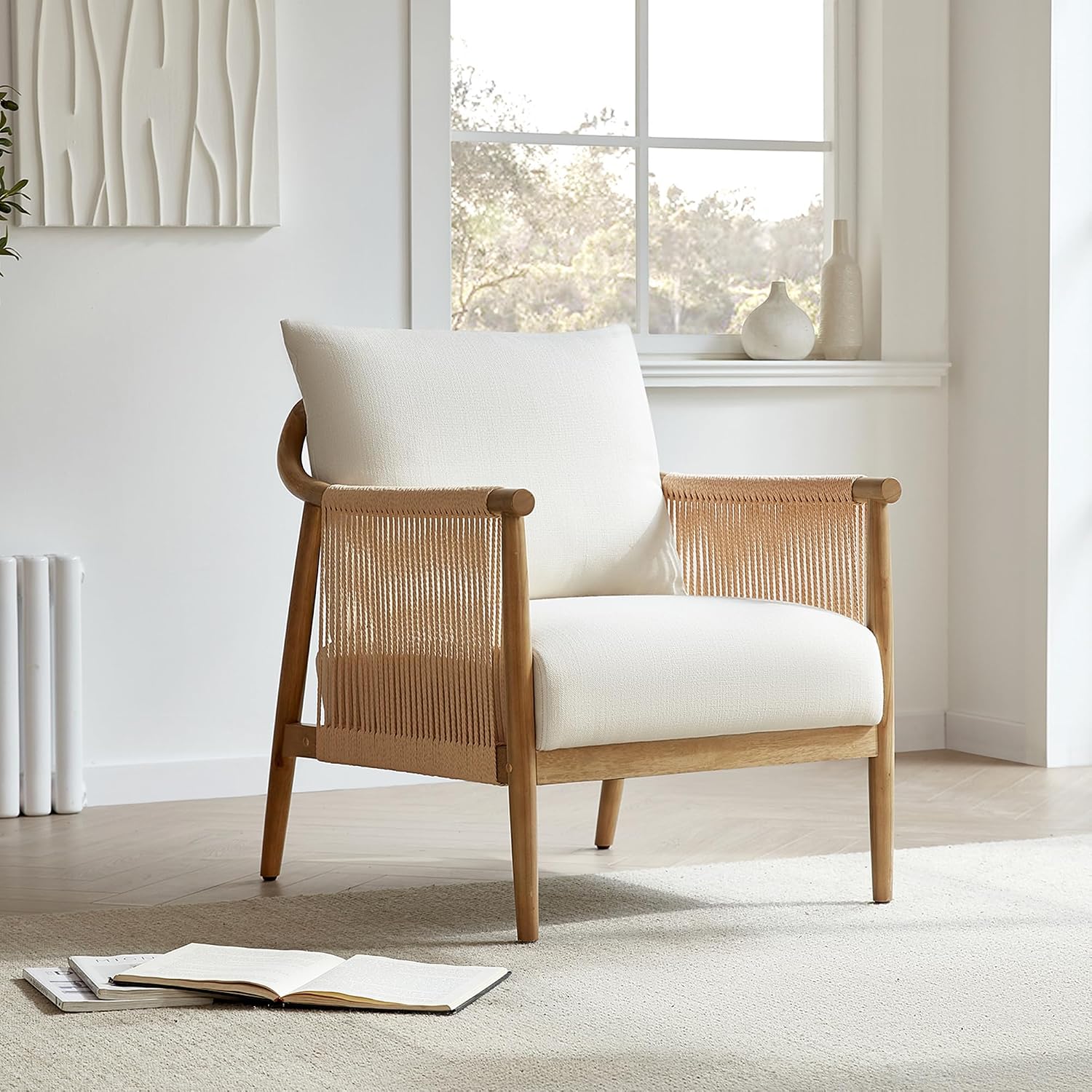 CHITA Braid Accent Chair Set of 2, Modern Armchair with Solid Wooden Armrest for Living Room and Bedroom, Boho Reading Chair, Cream