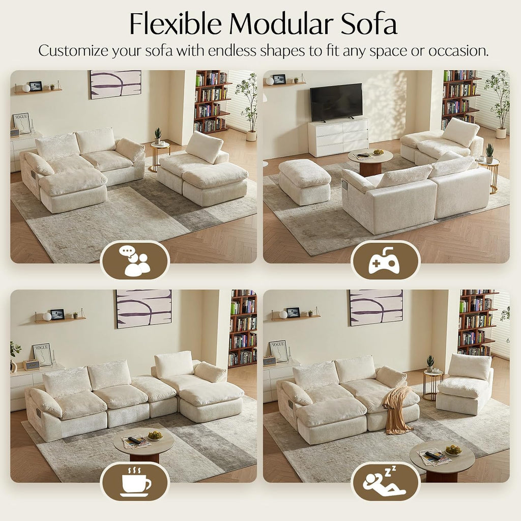 Vamcheer U Shaped Cloud Couch - Utra Soft Modular Sectional Sofa with 2 Movable Ottoman, Deep Seat Boneless Couches for Living Room, Bedroom, Office, No Assembly Required, Beige