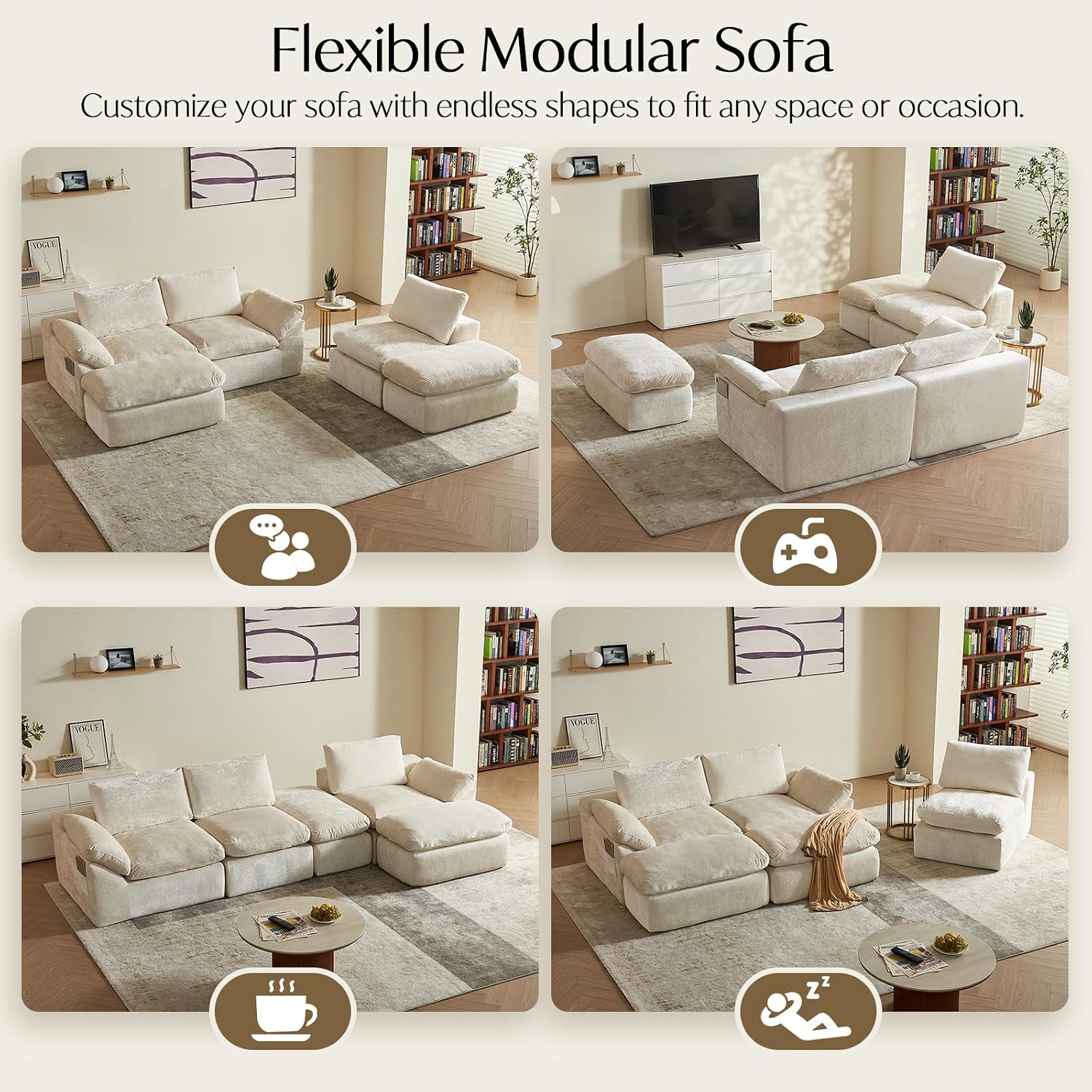 Vamcheer U Shaped Cloud Couch - Utra Soft Modular Sectional Sofa with 2 Movable Ottoman, Deep Seat Boneless Couches for Living Room, Bedroom, Office, No Assembly Required, Beige