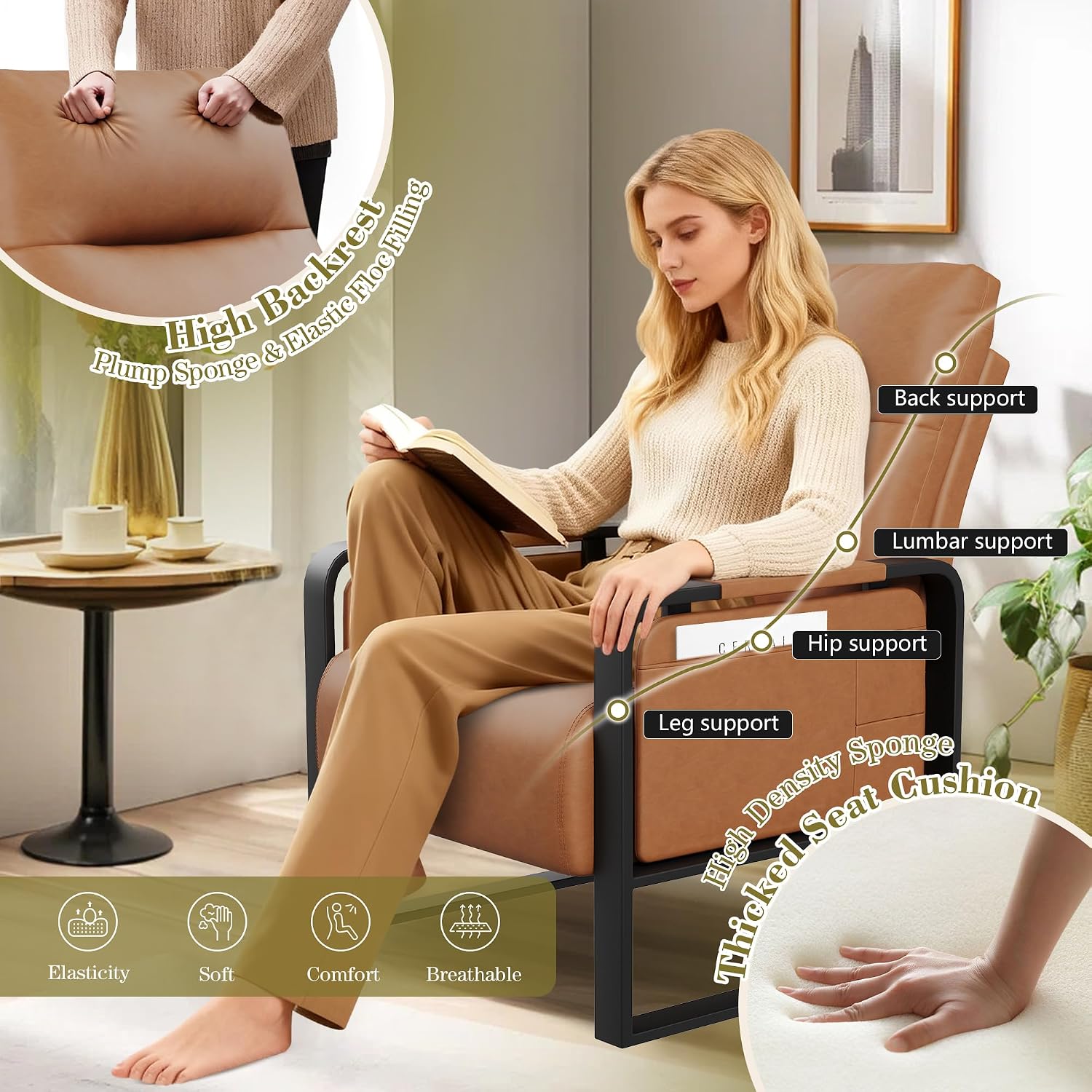 Modern Brown Accent Chair PU Leather Upholstered Armchair with Foldable Side Table for Bedroom Living Room Chairs Office Chair