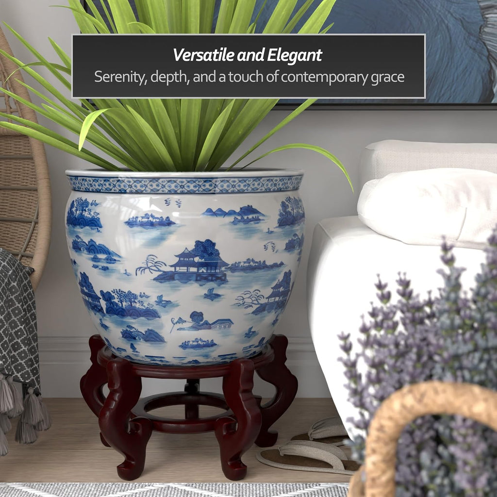 Red Lantern 20' Porcelain Fishbowl Blue & White Landscape Planter