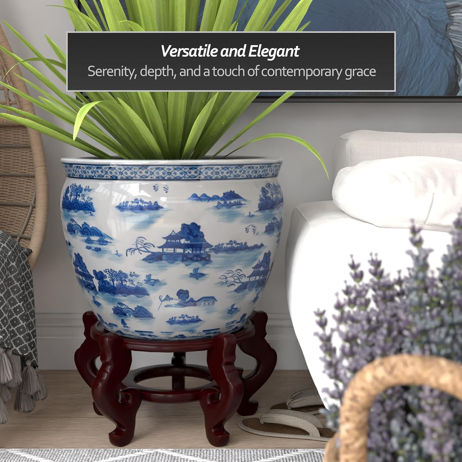 Red Lantern 20' Porcelain Fishbowl Blue & White Landscape Planter