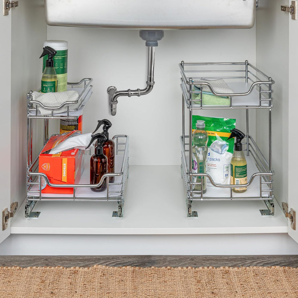 Household Essentials Glidez 2‑Tier Multipurpose Large Chrome‑Plated Steel Pull‑Out/Slide‑Out Under Cabinet Organizer with Plastic Liner, Chrome Finish