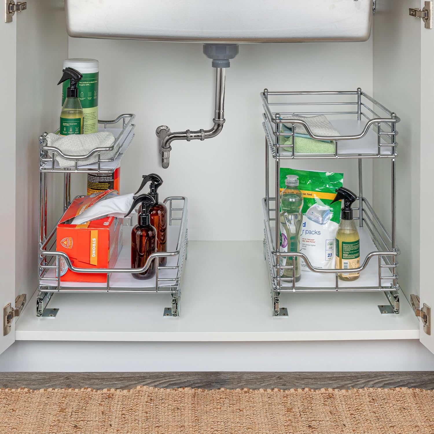 Household Essentials Glidez 2‑Tier Multipurpose Large Chrome‑Plated Steel Pull‑Out/Slide‑Out Under Cabinet Organizer with Plastic Liner, Chrome Finish