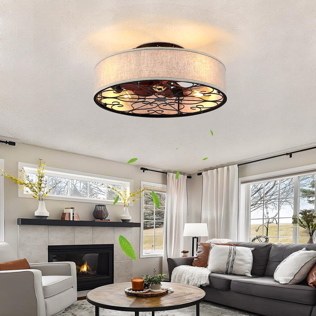 20 Inch Caged Ceiling Fans with Lights Flush Mount,Low Profile Fabric Farmhouse Bladeless Ceiling Fan with Remote, Farmhouse White Ceiling Fan for Bedroom,6 Speeds Reversible Silent Fandalier