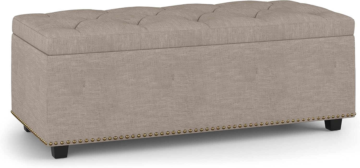 SIMPLIHOME Hamilton 44 inch Wide Traditional Rectangle Lift Top Rectangular Storage Ottoman in Natural Linen Look Fabric, Assembled, For the Living Room, Entryway and Family Room