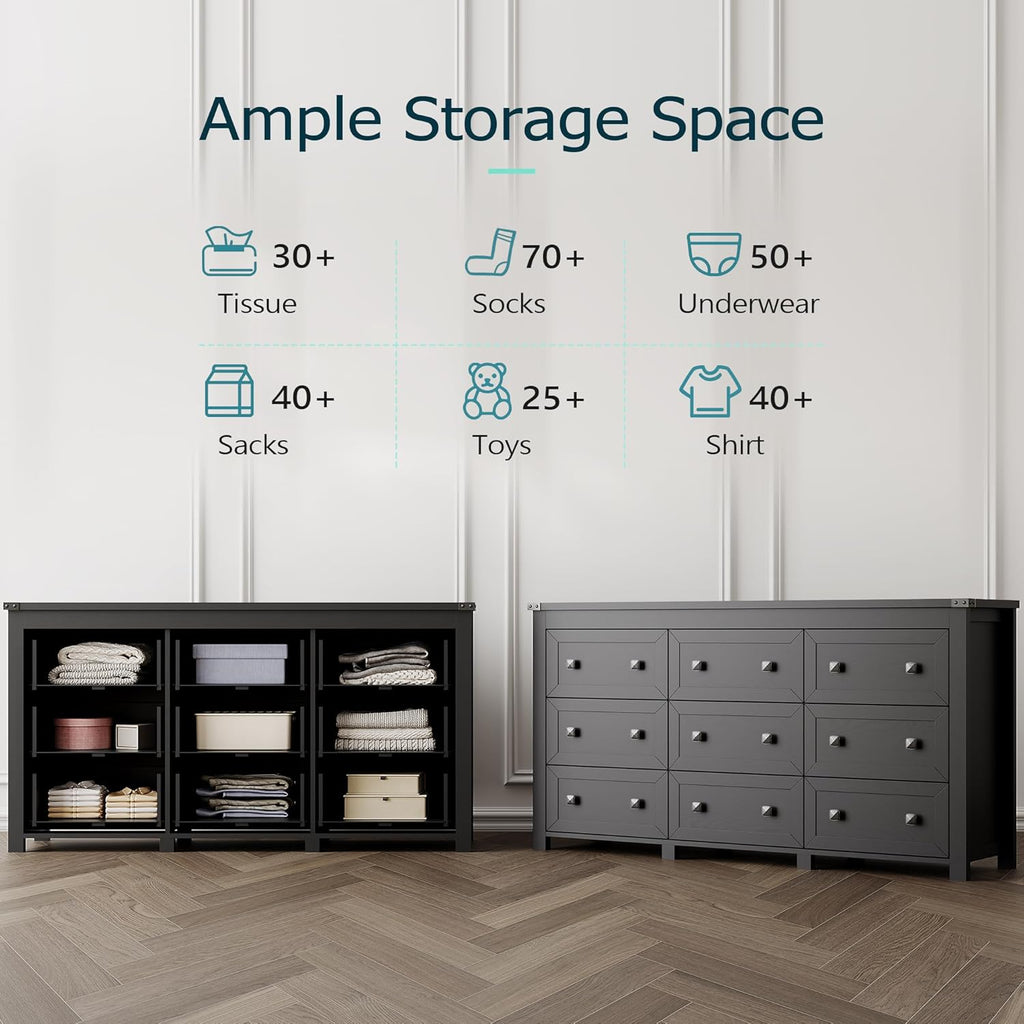 Dresser for Bedroom with 9 Drawers, Farmhouse Wood Chest of Drawers, Wide TV Stand Closet Storage Furniture with Metal Handle, Modern Clothes Organizer for Hallway, Living Room, Entryway, Black