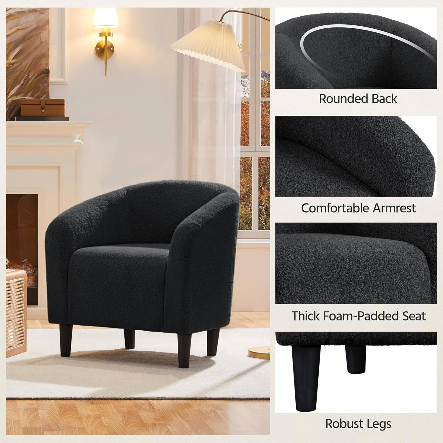 Yaheetech Accent Barrel Chair, Boucle Fabric Club Chair, Furry Sherpa Elegant Armchair with Cozy Soft Padded, Suitable for Living Room Bedroom Reception Room Office, Dark Gray