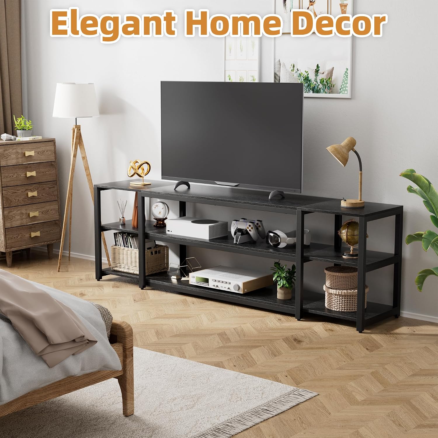 Aquzee 85 inch TV Stand, Entertainment Center for 70 75 80 85' TV, 75.2' Wide Wood Television Console Table for Living Room Bedroom Gaming Room, Black