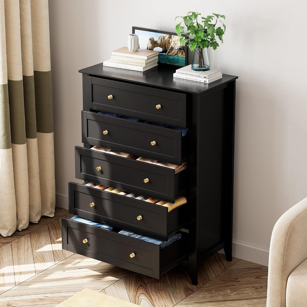 IDEALHOUSE Black 5 Drawer Dresser for Bedroom, Tall Dresser with Deep Drawers & Metal Knobs, Modern Wooden Chests of Drawers for Entryway, Hallway