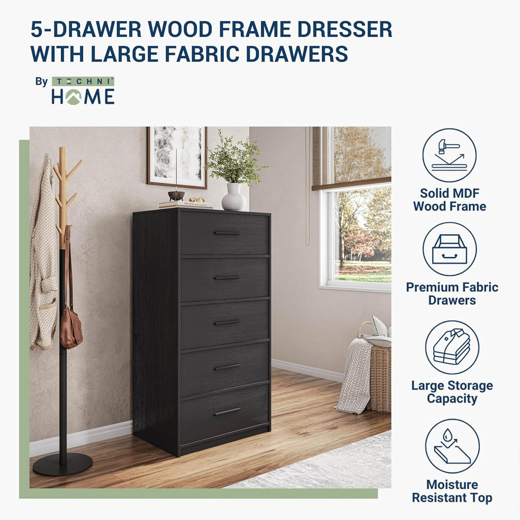 5-Drawer Dresser with Extra Large Fabric Drawers, Wood Frame Dresser with 5 Drawers for Bedroom or Living Room Storage, Hallway, Fabric Bins for Closet or Hallway Storage Organizer, Toy Chest, Black