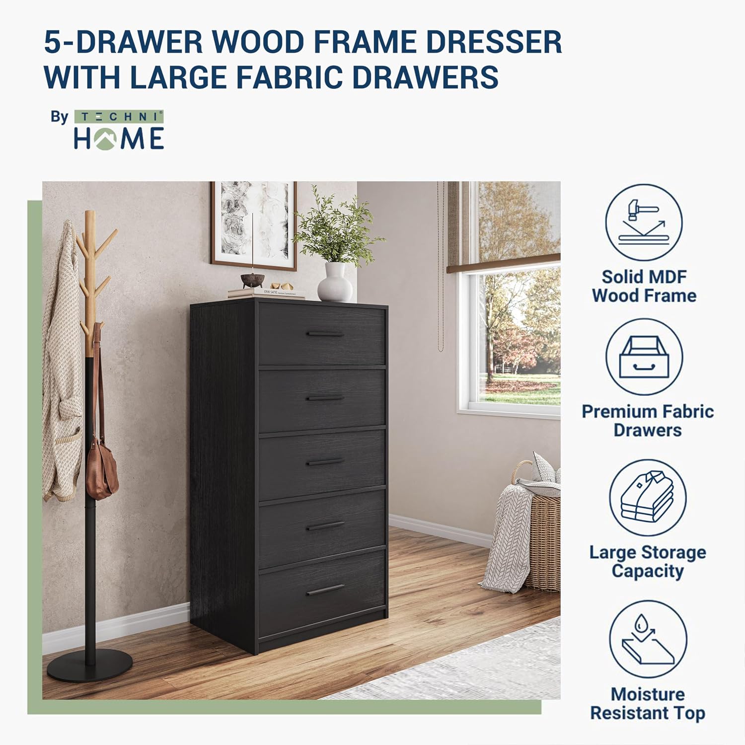 5-Drawer Dresser with Extra Large Fabric Drawers, Wood Frame Dresser with 5 Drawers for Bedroom or Living Room Storage, Hallway, Fabric Bins for Closet or Hallway Storage Organizer, Toy Chest, Black