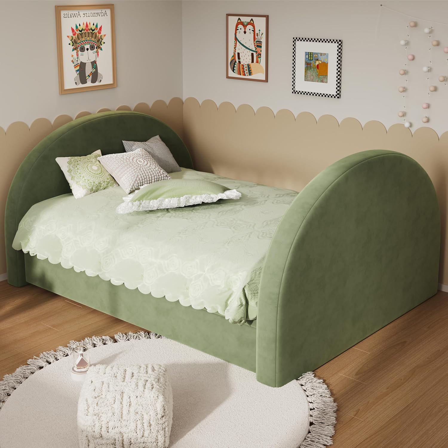 Christopher Knight Home Leonhart Velvet Upholstered Full Size Bed Frame with Headboard/Footboard, Day Bed Frame with Pull-Out Functionality, Iron Frame + Wooden Slat Trundle Bed Full, Olive Green