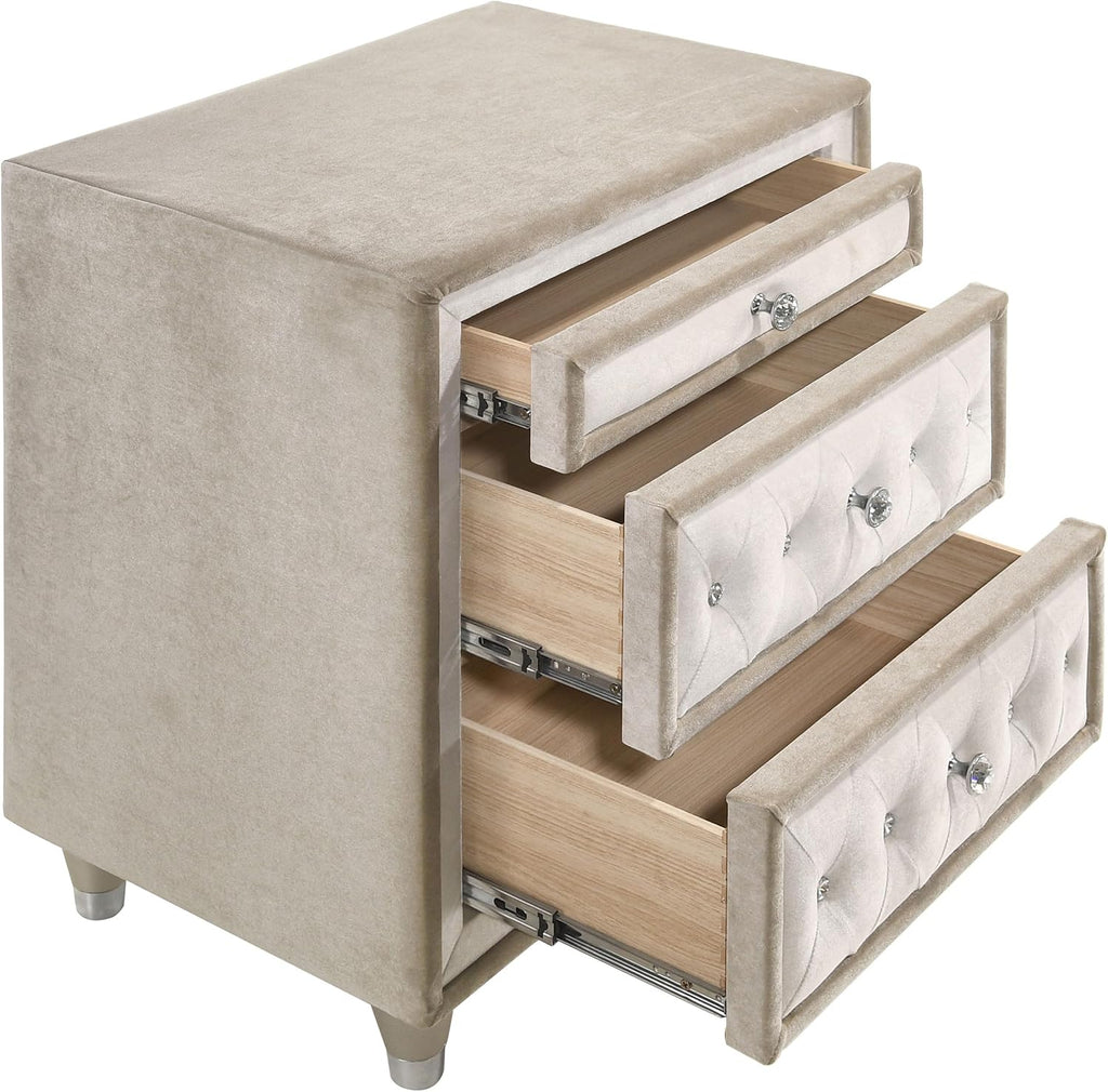 Coaster Home Furnishings - Antonella - Wood - 3-Drawer Upholstered Nightstand with Velvet Upholstery, Button Tufting, Crystal-Like Buttons and Tapered Legs - Bedroom - Ivory and Camel - 223522