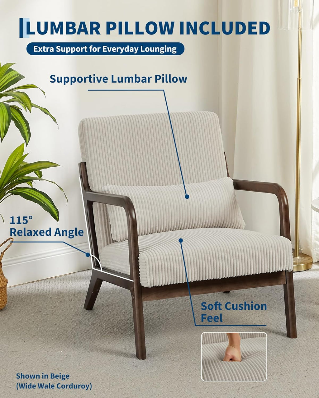Garvee Mid-Century Chenille Accent Chair, Cozy Reading Chair, Modern Lounge Armchair with Lumbar Pillow, Solid Wood Frame, for Living Room, Bedroom, Office, Beige