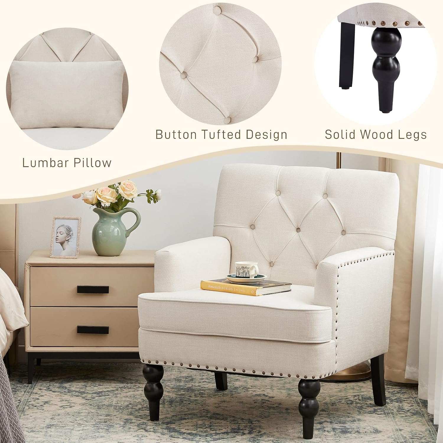 HUIMO Tufted Club Chair,Accent Chair with Lumbar Pillow, Upholstered Button Armchair, Linen Fabric Sofa Chairs for Bedroom, Living Room, Mid Century Modern with Studded Reading Chair Beige