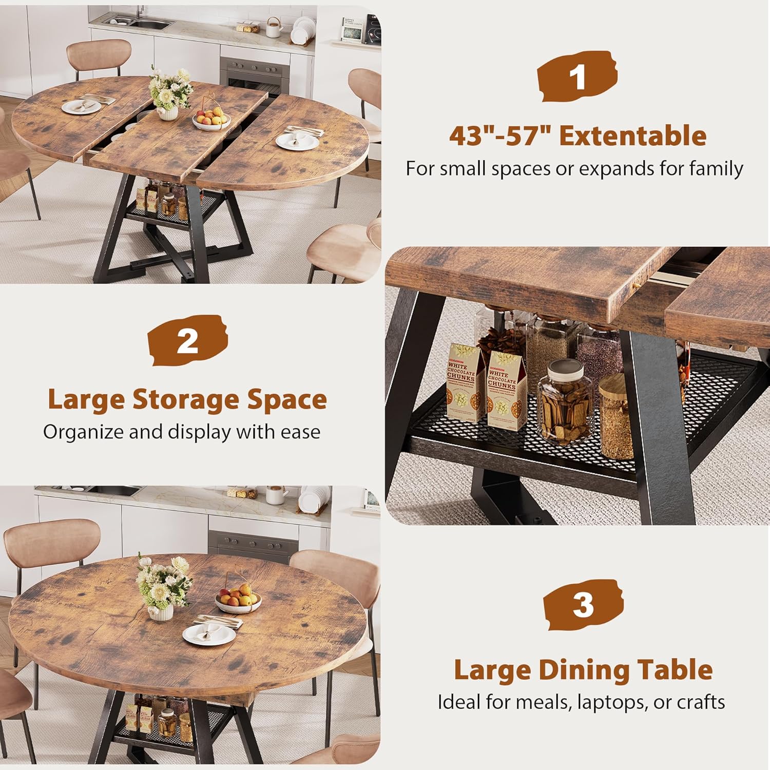 43''-57'' Extendable Round Dining Table for 4-6, Modern Industrial Kitchen Oval Dining Table with Removable Leaves, Space Saving Pedestal Base with Storage Shelf for Kitchen Living Room (Vintage)