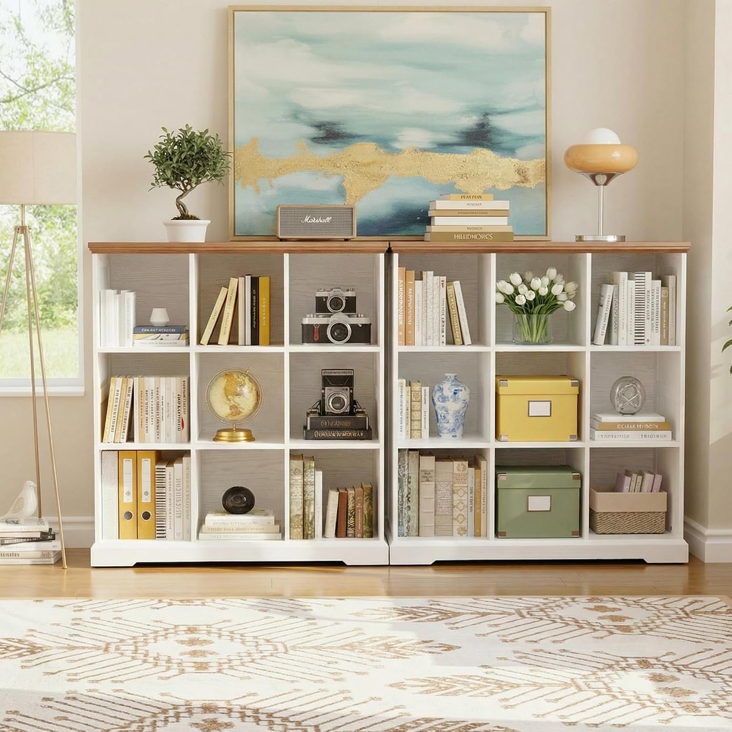 IRONCK Wooden 9 Cube Storage Organizer, Cube Shelf Organizer with Storage, Farmhouse Short Bookshelf for Bedroom, Living Room and Home Office, White