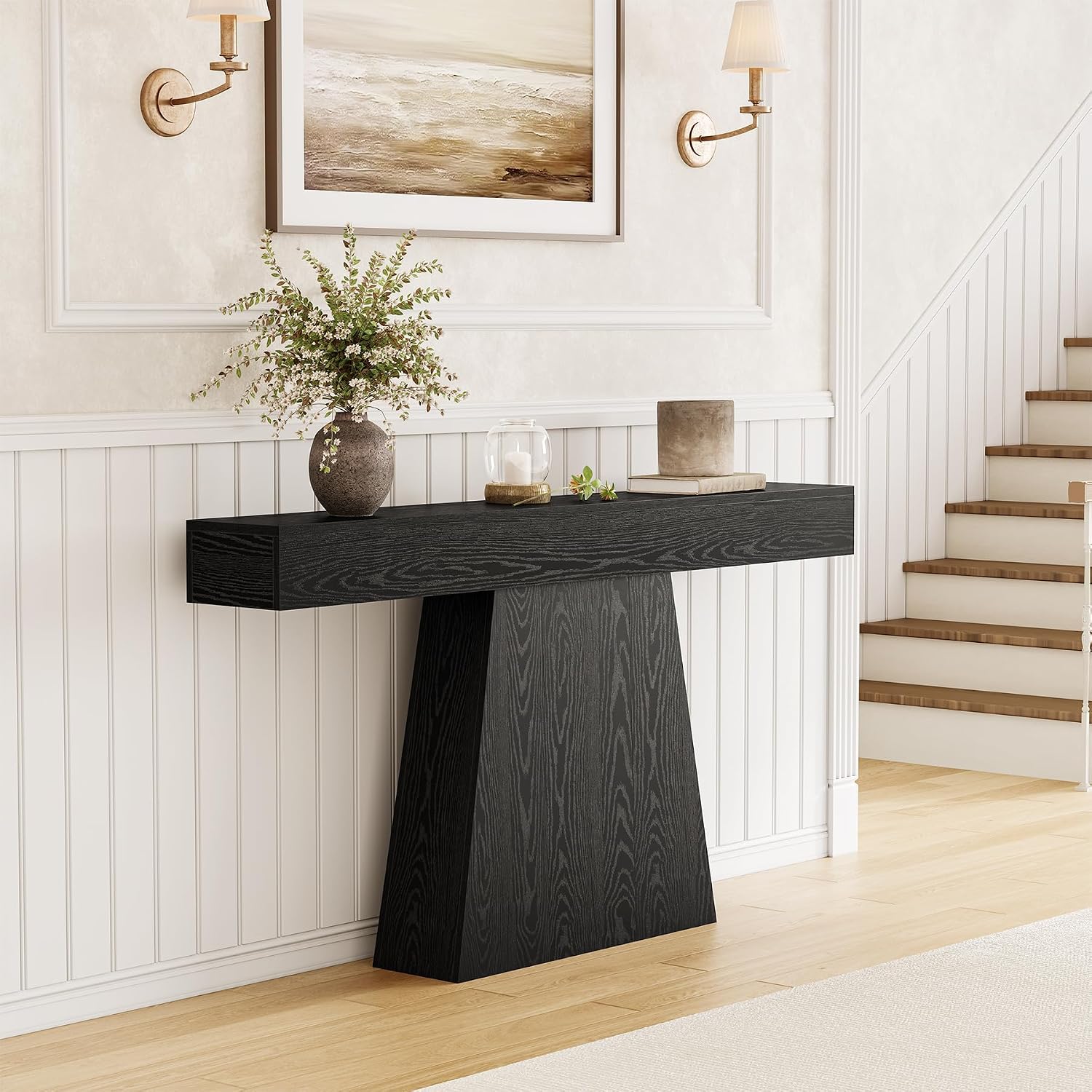 LITTLE TREE 63' Entryway Table, Modern Black Wooden Console Table with Trapezoidal Base for Living Room, Entrance, Hallway, Foyer, Behind the Couch