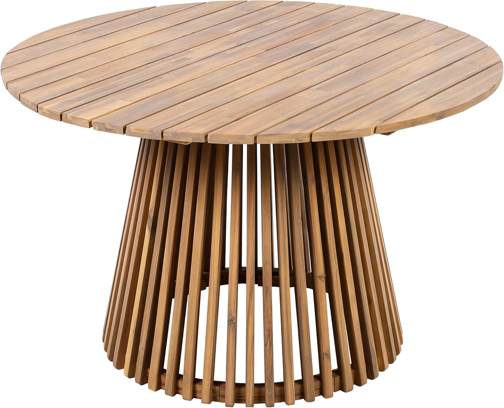 Christopher Knight Home Briar Farmhouse Acacia Wood Round Dining Table, Patio Dining Room Table with Unique Wooden Base for Backyard/Garden, Slatted Design Outdoor Dining Table, Light Teak