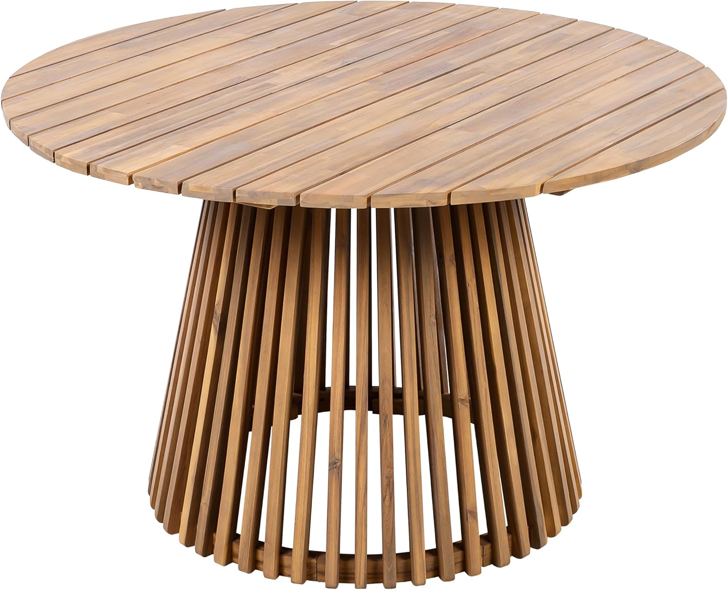 Christopher Knight Home Briar Farmhouse Acacia Wood Round Dining Table, Patio Dining Room Table with Unique Wooden Base for Backyard/Garden, Slatted Design Outdoor Dining Table, Light Teak