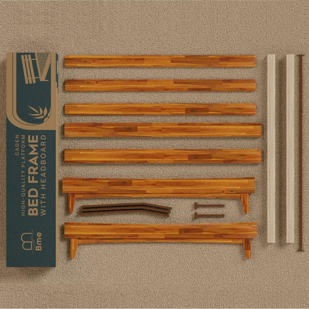 Bme Caden King Size Bed Frame and Adjustable Headboard, 15 Inch Mid Century Retro Style - Solid Acacia Wood - No Box Spring Needed - 12 Strong Wood Slat Support - Easy Assembly - Caramel
