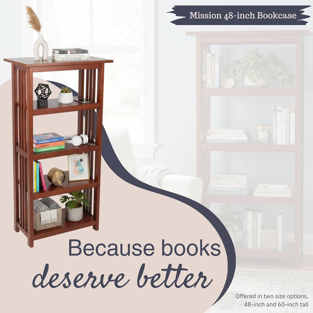 Alaterre Furniture Mission 4-Tier Bookcases with Adjustable Shelves – Mid-century Modern 48-Inch Wood Bookshelf for Living Room, Bedroom or Home Office (Cherry)