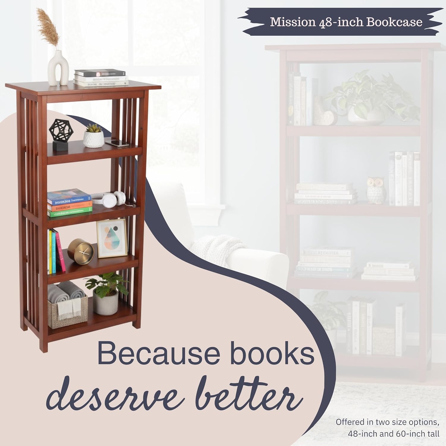 Alaterre Furniture Mission 4-Tier Bookcases with Adjustable Shelves – Mid-century Modern 48-Inch Wood Bookshelf for Living Room, Bedroom or Home Office (Cherry)